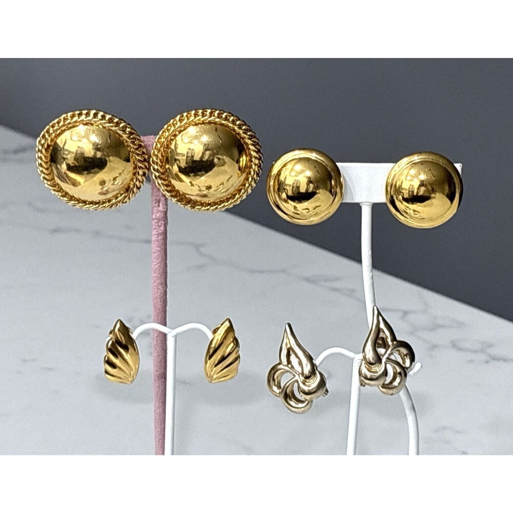 Vintage Monet Clip On Earrings Lot Gold Tone Statement Dome Rope Ribbed Signed